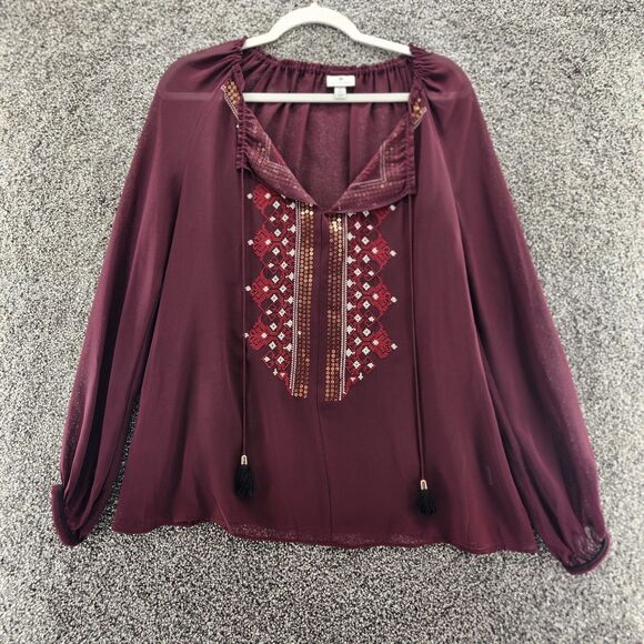 Altuzarra small petite burgundy long sleeve embroirdered sheer blouse - Picture 1 of 9